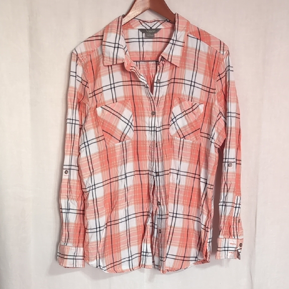 Natural Reflections Peach Grey Plaid Long Sleeve Button Up Size Extra Large - Picture 1 of 6